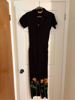Big Bud Press Black Short-Sleeve Jumpsuit with Orange Poppies paint stamp XS